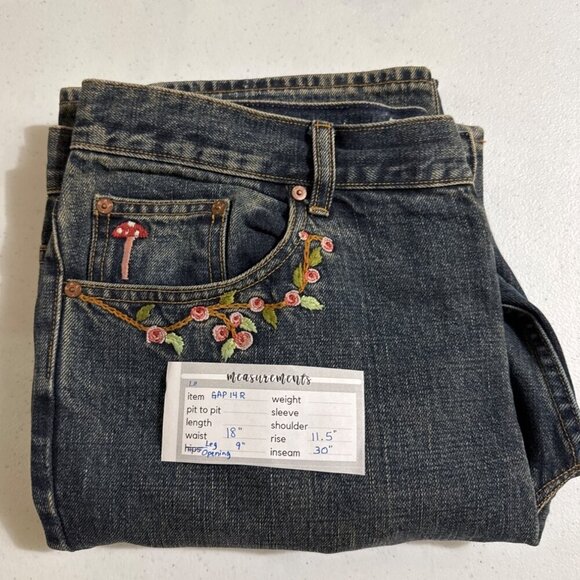 Gap Vintage 2002 Boot Cut Jeans Embroidery Flowers Mushroom Button Fly Size 14R - Picture 4 of 16